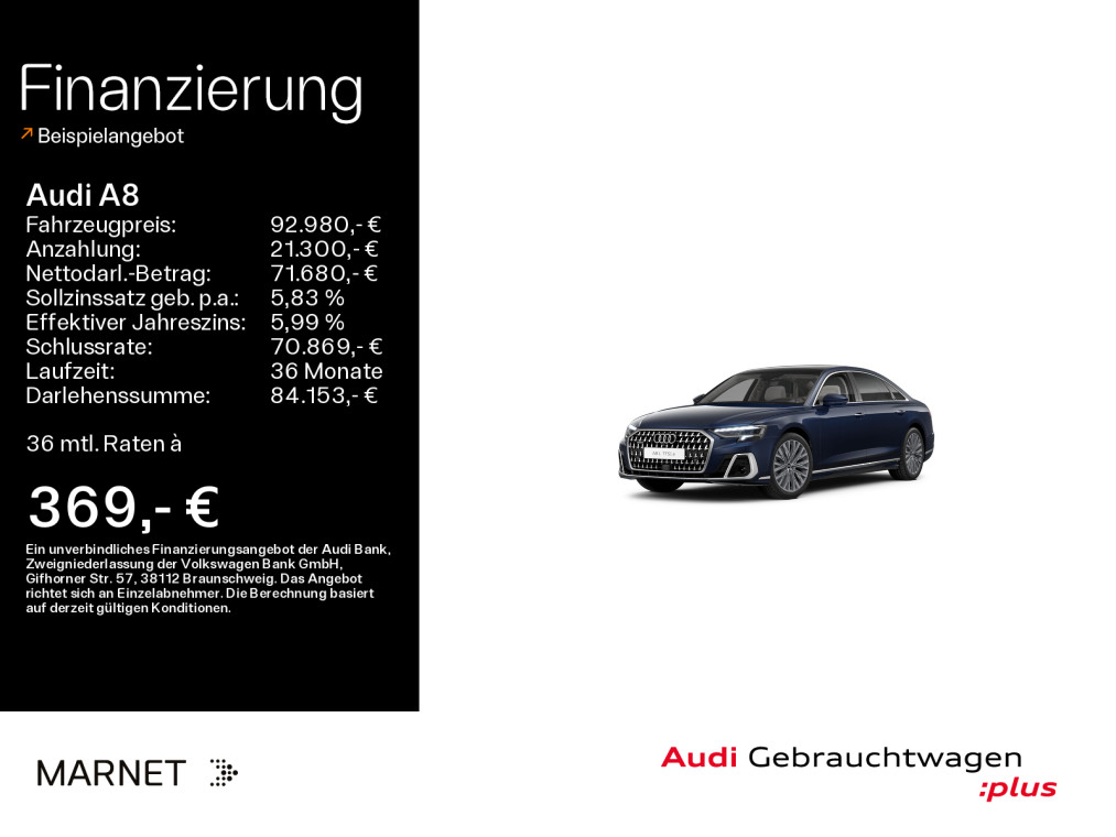 A8 L 60 TFSI e quattro*Navi*Matrix*Alu*DVD*B&O*AHK*HUD*PDC*Pano*Virtual Cockpit*Kamera