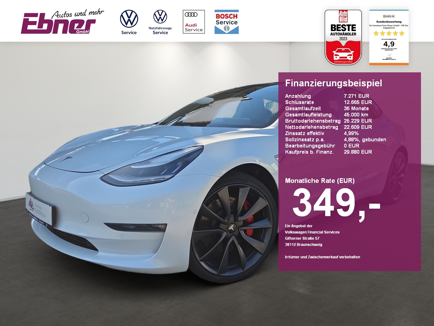 Model 3 PERFORMANCE 4WD PANO+PARKSENSOREN V+H+20 ALU!