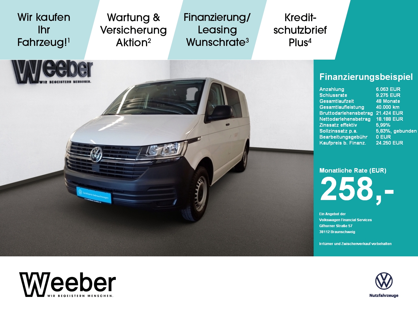 T6.1 Transporter Kasten EcoProfi PDC Klima Heckklappe mit Verglasung